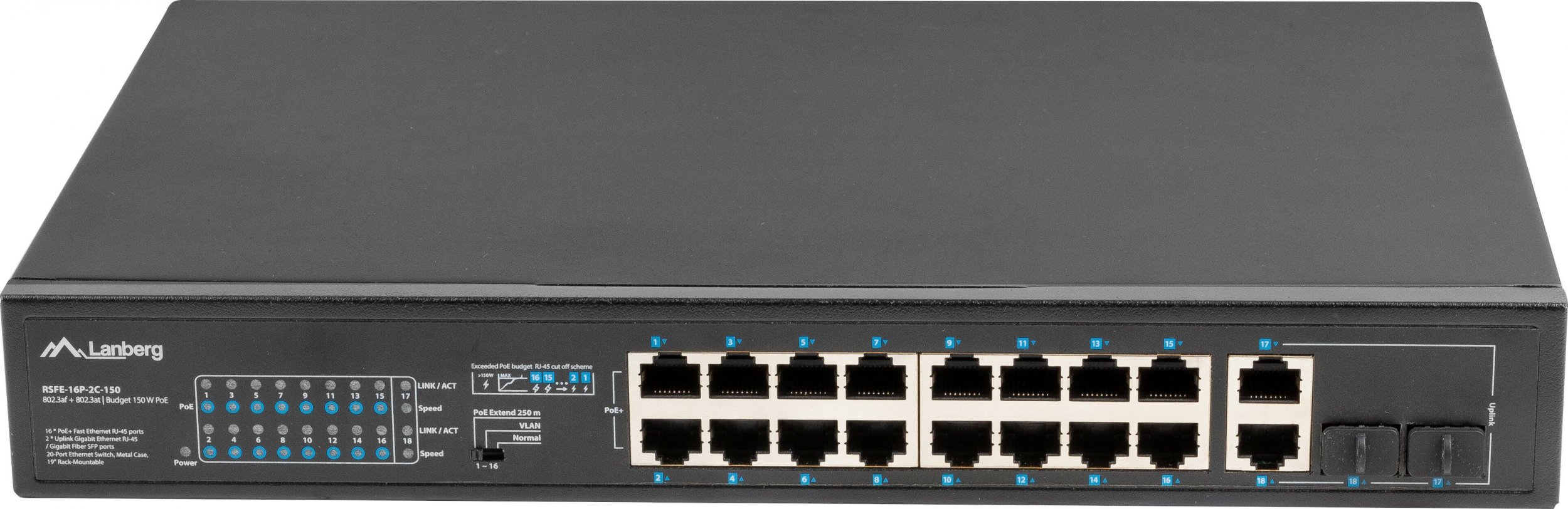 Lanberg Switch rack 19" POE+ 16x