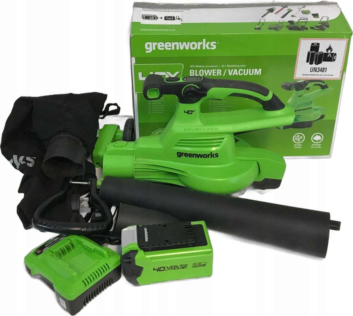 Greenworks 40V dmuchawa/odkurzacz GD40BVIIK2x zestaw ładowarka